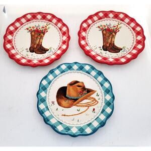 PLATES-APPETIZER/BREAD & BUTTER-THE PIONEER WOMAN-Cowboy Theme-Blue Red-Set of 3